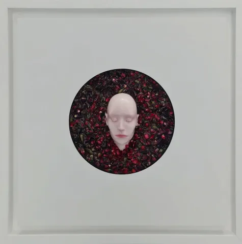 "İsimsiz" eseri DUYGU AYDOĞAN tarafından 2023 yılında 48x48 cm ölçülerinde epoksi reçine, akrilik, polimer kil, kurutulmuş çiçek tekniği ile yapılmıştır.