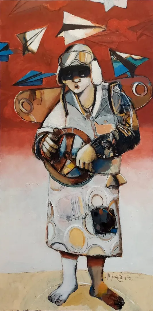 "Pilot" eseri BARAN KAMİLOĞLU tarafından 2022 yılında 140x70 cm ölçülerinde Tuval üzeri yağlı boya tekniği ile yapılmıştır.