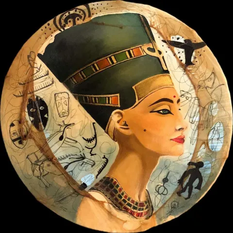 "Nefertiti" eseri ELİF YURTSEVER tarafından 2023 yılında 35x35 cm ölçülerinde Tuval üzeri karışık teknik tekniği ile yapılmıştır.