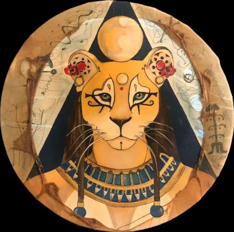 ELİF YURTSEVER — “Bastet”, 2023 "Bastet" eseri ELİF YURTSEVER tarafından 2023 yılında 35x35 cm ölçülerinde Tuval üzeri karışık teknik tekniği ile yapılmıştır.