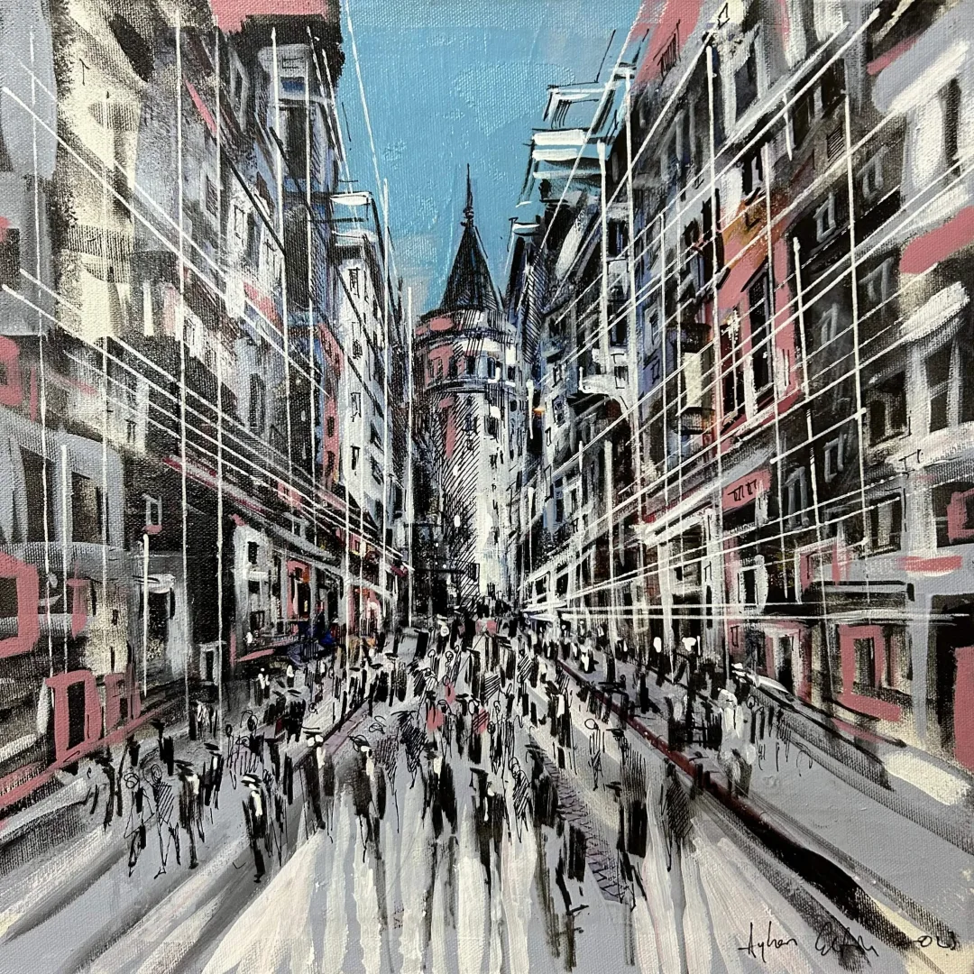 yakınlaştır "Galata'ya Doğru" eseri AYHAN ÇETİN tarafından 2023 yılında 40x40 cm ölçülerinde Tuval üzeri akrilik boya tekniği ile yapılmıştır.