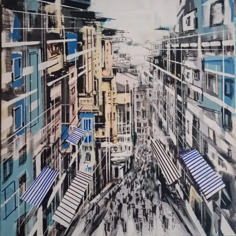 "Balat" eseri AYHAN ÇETİN tarafından 2023 yılında 40x40 cm ölçülerinde Tuval üzeri akrilik boya tekniği ile yapılmıştır.