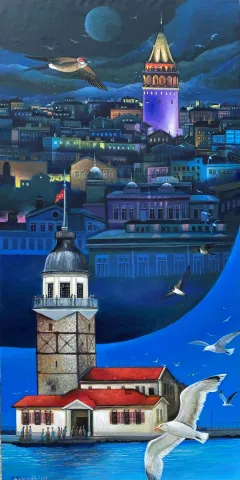 "Bir Yanım Kızkulesi, Bir Yanım Galata İstanbul" eseri KADİR ŞİŞGİNOĞLU tarafından 2023 yılında 130x65 cm ölçülerinde Tuval üzeri akrilik boya tekniği ile yapılmıştır.