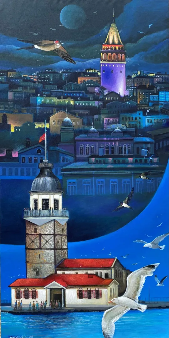 yakınlaştır "Bir Yanım Kızkulesi, Bir Yanım Galata İstanbul" eseri KADİR ŞİŞGİNOĞLU tarafından 2023 yılında 130x65 cm ölçülerinde Tuval üzeri akrilik boya tekniği ile yapılmıştır.