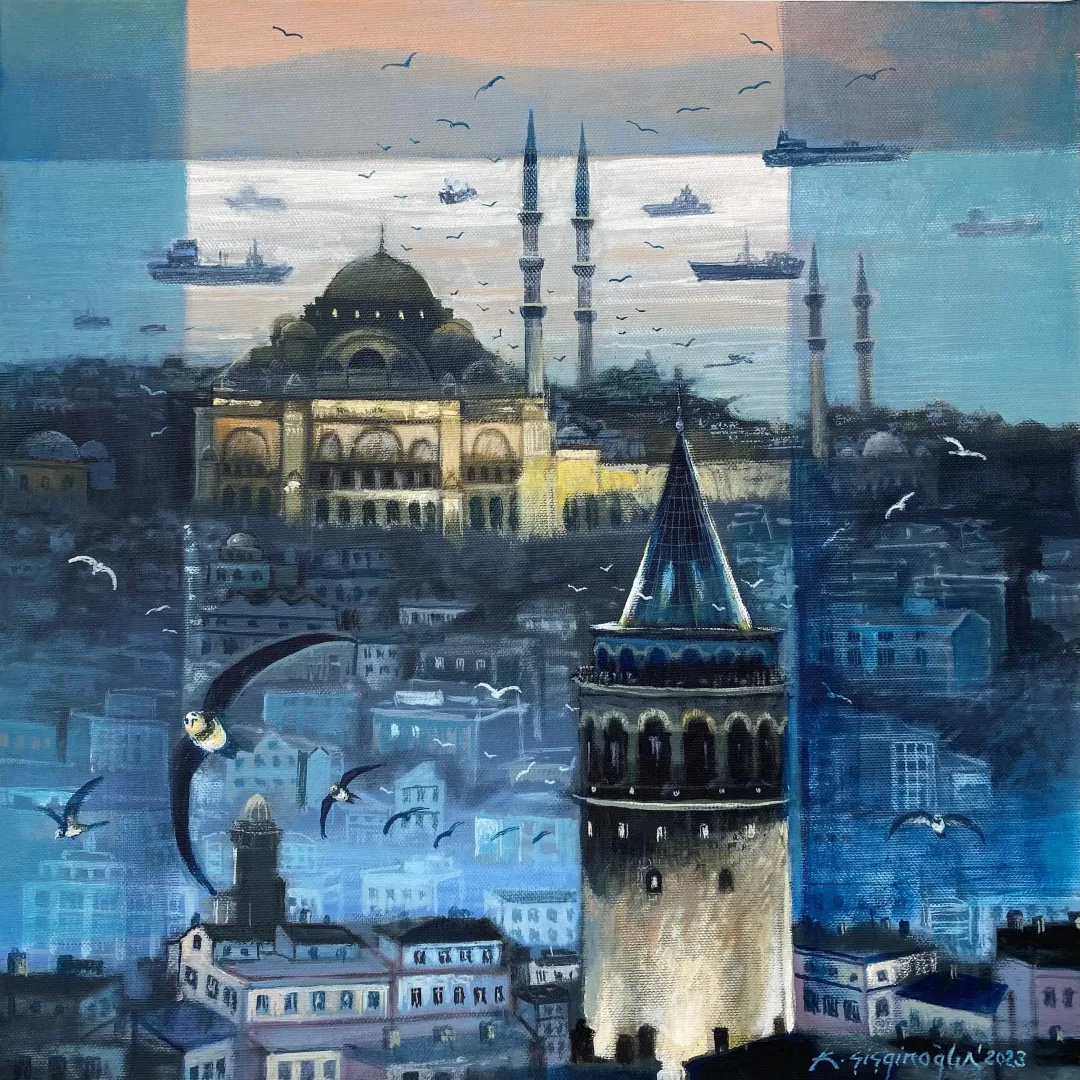 yakınlaştır "İstanbul ve Ebabil Kuşları" eseri KADİR ŞİŞGİNOĞLU tarafından 2023 yılında 40x40 cm ölçülerinde Tuval üzeri akrilik boya tekniği ile yapılmıştır.