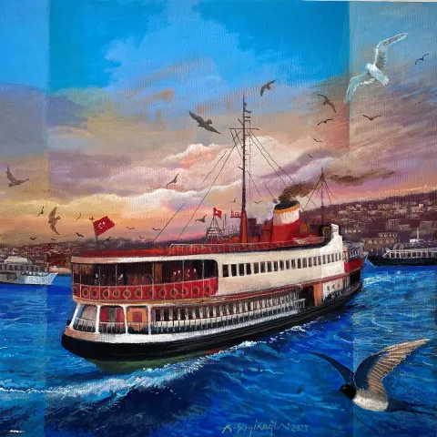 "İstanbul ve Ebabil Kuşları" eseri KADİR ŞİŞGİNOĞLU tarafından 2023 yılında 40x40 cm ölçülerinde Tuval üzeri akrilik boya tekniği ile yapılmıştır.