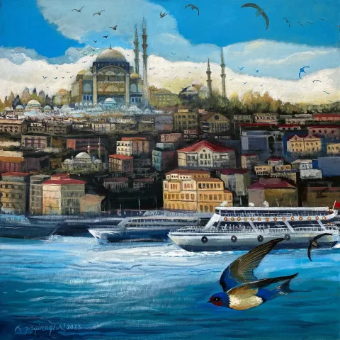 "İstanbul ve Ebabil Kuşları" eseri KADİR ŞİŞGİNOĞLU tarafından 2023 yılında 40x40 cm ölçülerinde Tuval üzeri akrilik boya tekniği ile yapılmıştır.