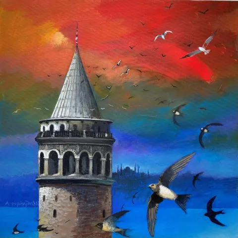 "İstanbul ve Ebabil Kuşları" eseri KADİR ŞİŞGİNOĞLU tarafından 2023 yılında 40x40 cm ölçülerinde Tuval üzeri akrilik boya tekniği ile yapılmıştır.