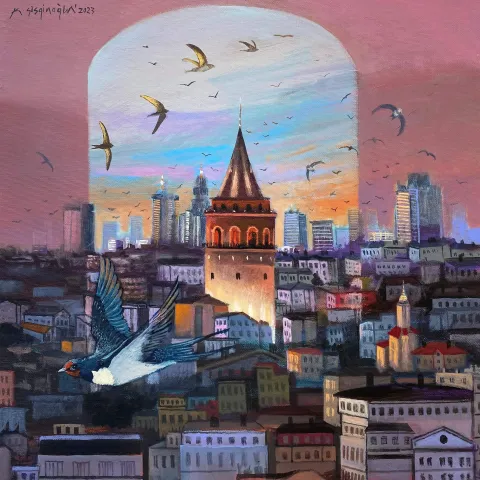 "İstanbul ve Ebabil Kuşları" eseri KADİR ŞİŞGİNOĞLU tarafından 2023 yılında 40x40 cm ölçülerinde Tuval üzeri akrilik boya tekniği ile yapılmıştır.