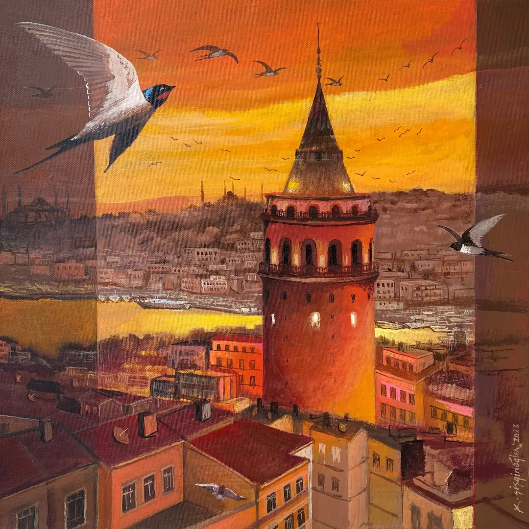 yakınlaştır "İstanbul ve Ebabil Kuşları" eseri KADİR ŞİŞGİNOĞLU tarafından 2023 yılında 40x40 cm ölçülerinde Tuval üzeri akrilik boya tekniği ile yapılmıştır.