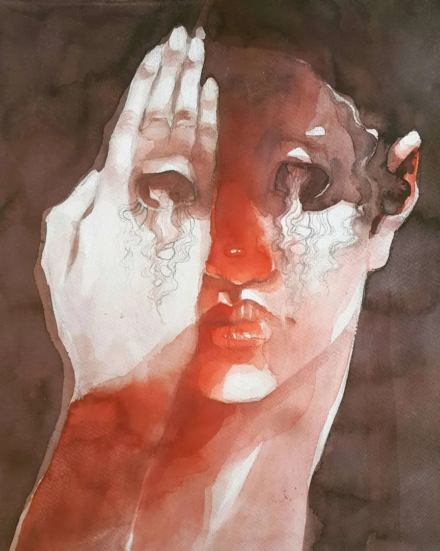 yakınlaştır "Persona" eseri HAKAN ERASLAN tarafından 2023 yılında 41x29 cm ölçülerinde Kağıt üzeri sulu boya tekniği ile yapılmıştır.