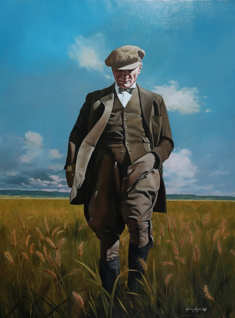 HASAN SAYGIN — “Atatürk Buğday Tarlasında”, 2023 "Atatürk Buğday Tarlasında" eseri HASAN SAYGIN tarafından 2023 yılında 130x97 cm ölçülerinde Tuval üzeri yağlı boya tekniği ile yapılmıştır.