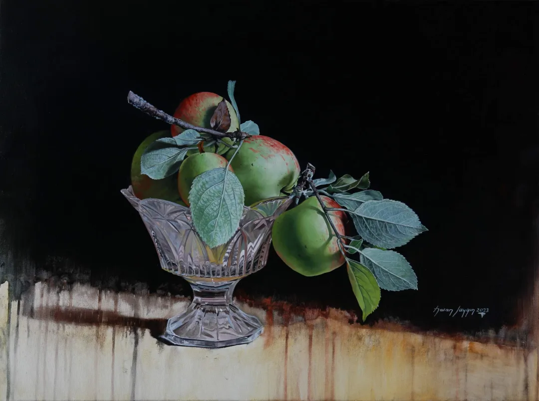 HASAN SAYGIN — “Elma Dalı”, 2023 "Elma Dalı" eseri HASAN SAYGIN tarafından 2023 yılında 54x73 cm ölçülerinde Tuval üzeri yağlı boya tekniği ile yapılmıştır.