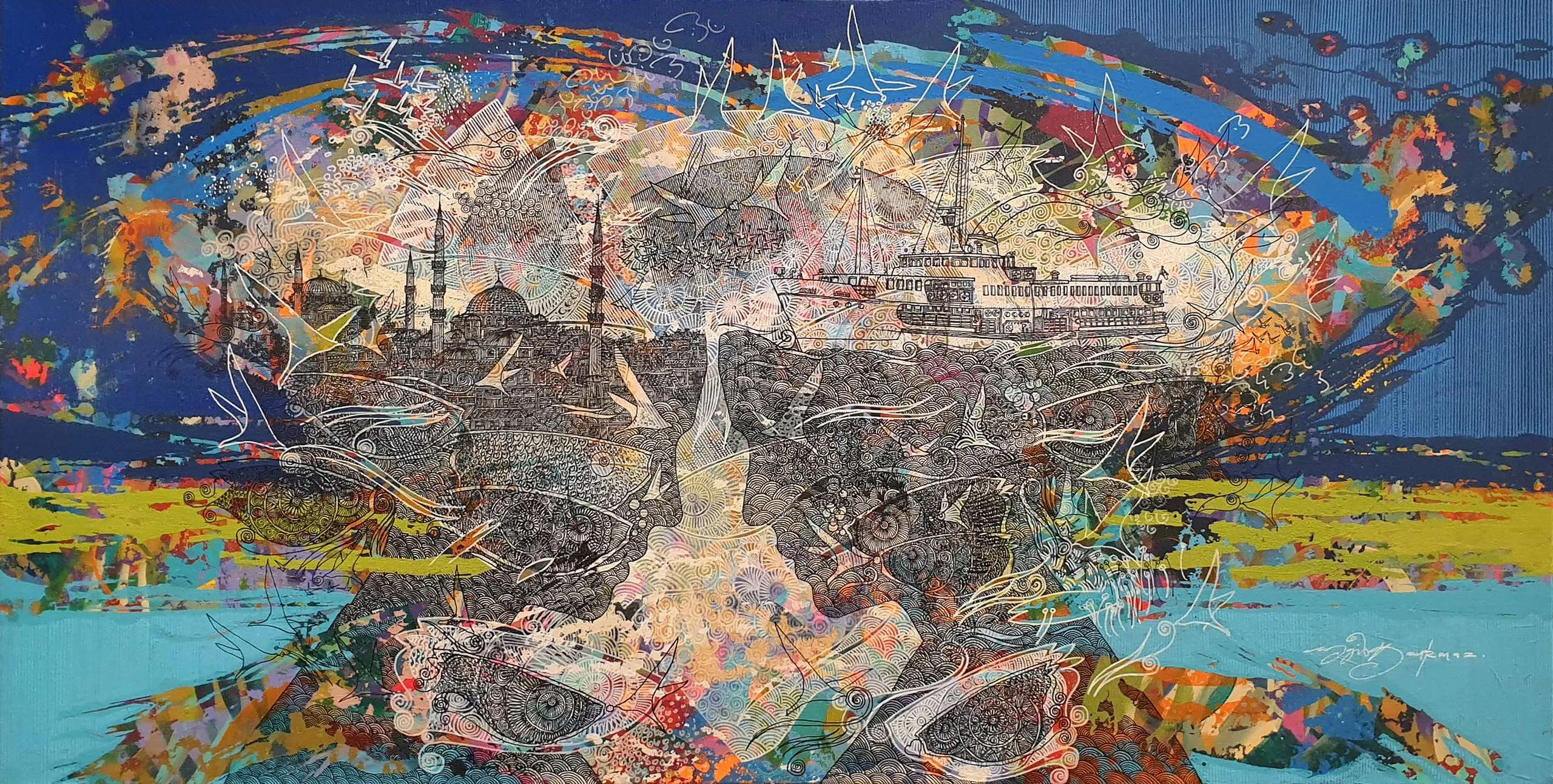 "isimsiz" eseri ENGİN KORKMAZ tarafından 2019 yılında 56x110 cm ölçülerinde Tuval üzeri akrilik boya tekniği ile yapılmıştır.