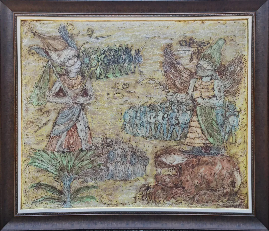 yakınlaştır "Kadeş Antlaşması" eseri NURİ ABAÇ tarafından 1972 yılında 90x110 cm ölçülerinde Tuval üzeri yağlı boya tekniği ile yapılmıştır.