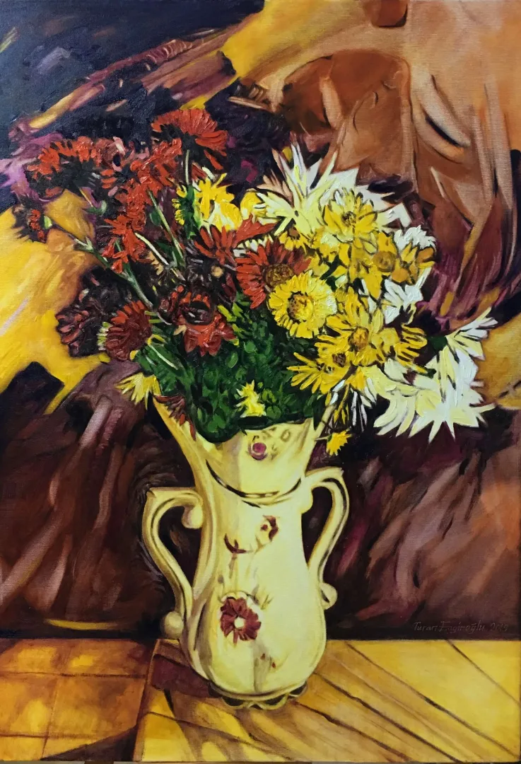 yakınlaştır "Vazodaki çiçekler" eseri TURAN ENGİNOĞLU tarafından 2019 yılında 100x70 cm ölçülerinde Tuval üzeri yağlı boya tekniği ile yapılmıştır.