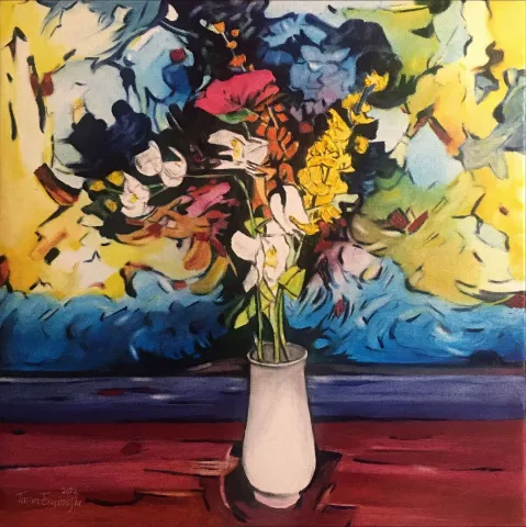 "Vazoda çiçekler" eseri TURAN ENGİNOĞLU tarafından 2022 yılında 40x40 cm ölçülerinde Tuval üzeri yağlı boya tekniği ile yapılmıştır.