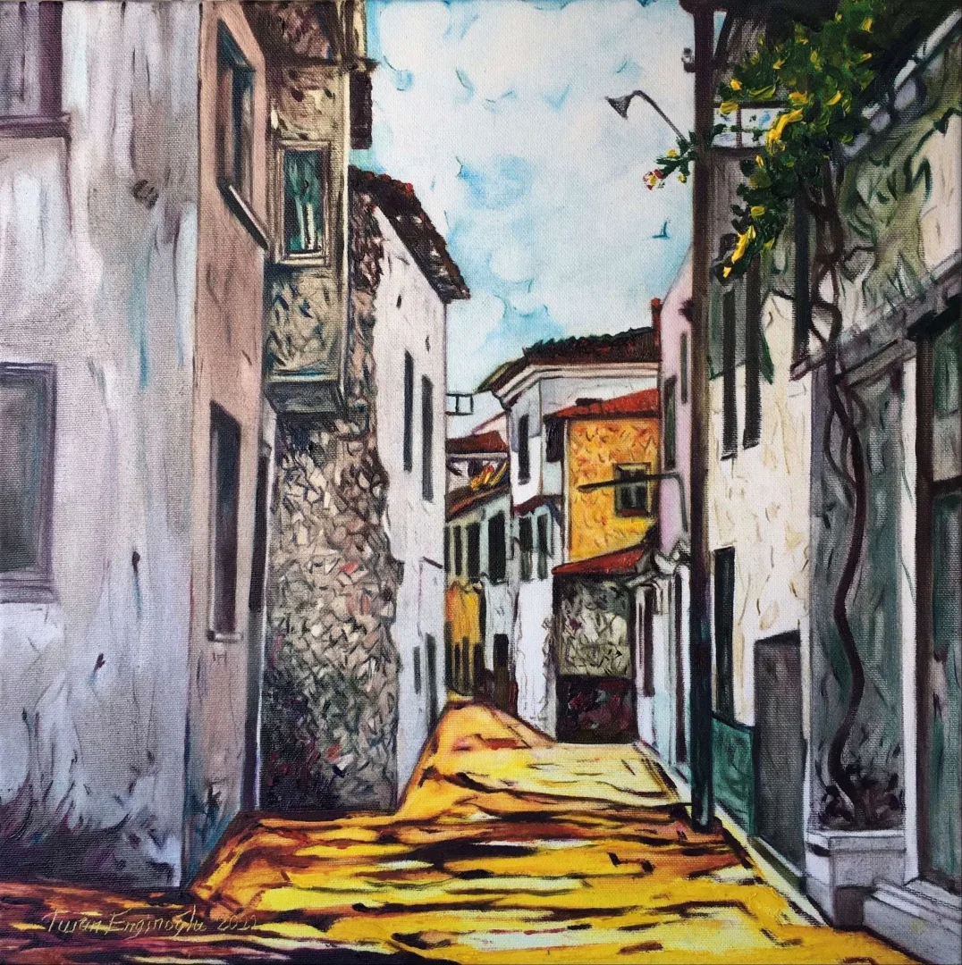 yakınlaştır "Kuşadasından" eseri TURAN ENGİNOĞLU tarafından 2022 yılında 40x40 cm ölçülerinde Tuval üzeri yağlı boya tekniği ile yapılmıştır.