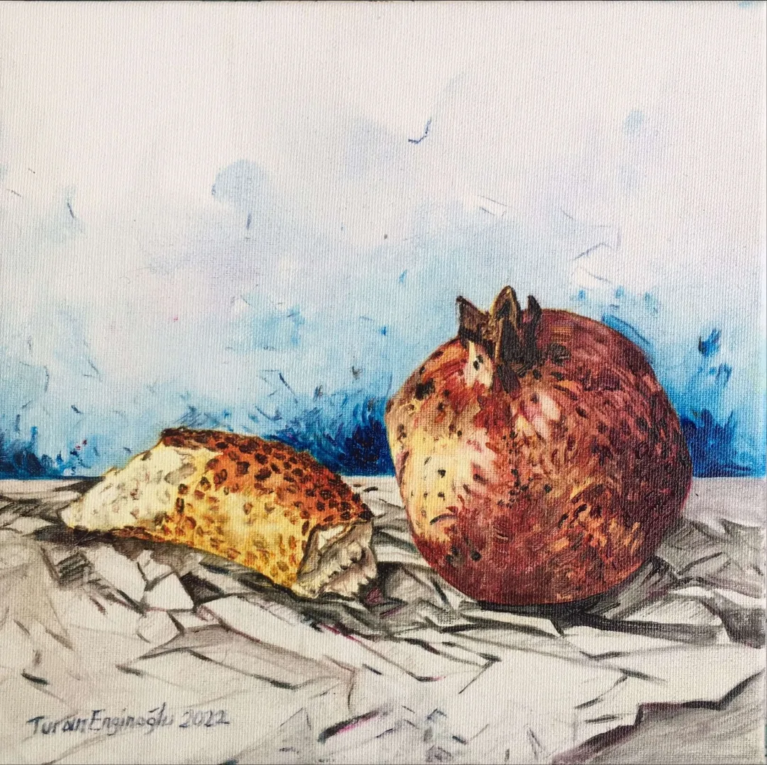 yakınlaştır "Nar ve simit" eseri TURAN ENGİNOĞLU tarafından 2022 yılında 25x25 cm ölçülerinde Tuval üzeri yağlı boya tekniği ile yapılmıştır.