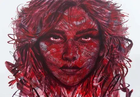 "Scarlet - 2" eseri MEVLÜT AKAR tarafından 2023 yılında 130x185 cm ölçülerinde Tuval üzeri akrilik boya tekniği ile yapılmıştır.