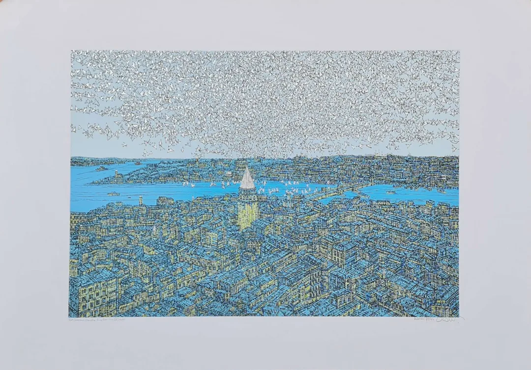 yakınlaştır "İstanbul Galata, Kuş Esintisi" eseri DEVRİM ERBİL tarafından 2022 yılında 70x100 cm ölçülerinde Serigrafi tekniği ile yapılmıştır.