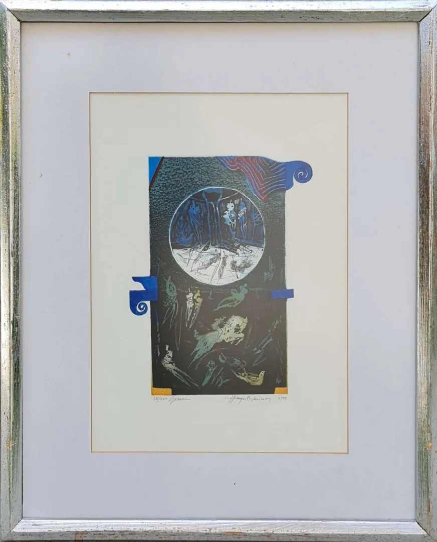 yakınlaştır "İsimsiz" eseri HAYATİ MİSMAN tarafından 1999 yılında 36x26 cm ölçülerinde Gravür tekniği ile yapılmıştır.