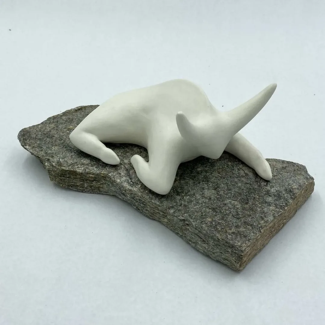 Bu eser AYŞE ERGÜNER tarafından 2023 yılında 22x14x10 cm ölçülerinde porselen çamur, elle şekillendirme, 1200°C, taş tekniği ile yapılmıştır.