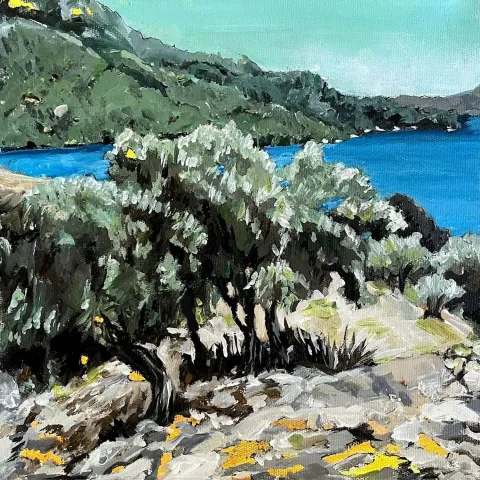 MELİHAT TÜZÜN — “Zeytin Ağaçları”, 2023 "Zeytin Ağaçları" eseri MELİHAT TÜZÜN tarafından 2023 yılında 25x25 cm ölçülerinde Tuval üzeri akrilik boya tekniği ile yapılmıştır.