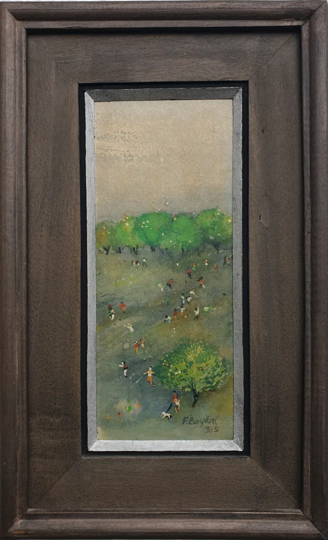 yakınlaştır "İsimsiz" eseri FAHRETTİN BAYKAL tarafından 1985 yılında 20x9 cm ölçülerinde Kağıt üzeri yağlı boya tekniği ile yapılmıştır.