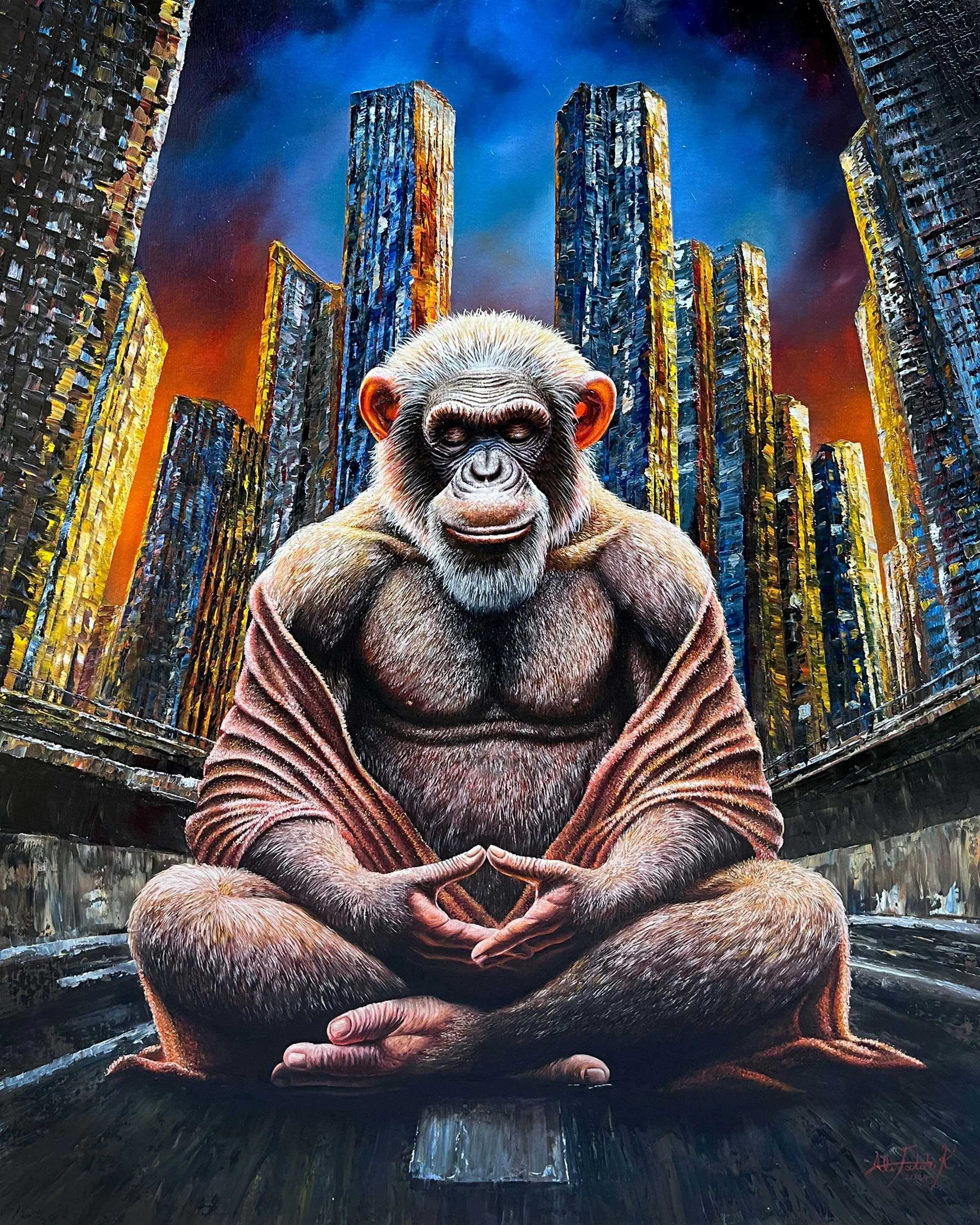 "Monkey Mind-I" eseri ALİ FATİH KÜÇÜKOSMANOĞLU tarafından 2024 yılında 100x80 cm ölçülerinde Tuval üzeri yağlı boya tekniği ile yapılmıştır.