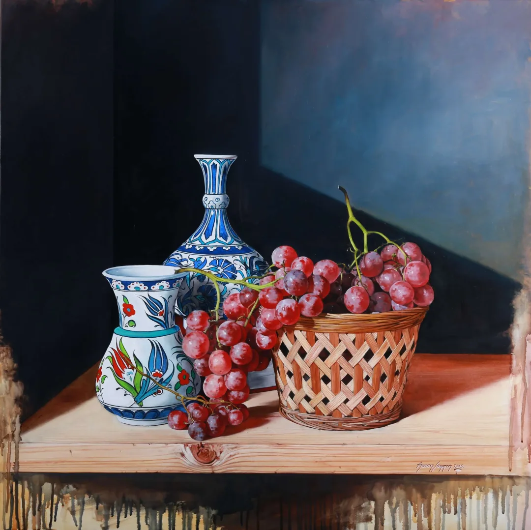 HASAN SAYGIN — “Sepette Üzümler”, 2022 "Sepette Üzümler" eseri HASAN SAYGIN tarafından 2022 yılında 80x80 cm ölçülerinde Tuval üzeri yağlı boya tekniği ile yapılmıştır.