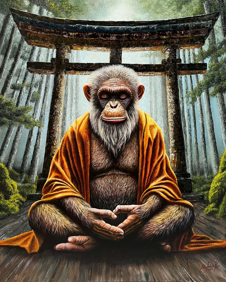 yakınlaştır "Monkey Mind-II" eseri ALİ FATİH KÜÇÜKOSMANOĞLU tarafından 2024 yılında 100x80 cm ölçülerinde Tuval üzeri yağlı boya tekniği ile yapılmıştır.