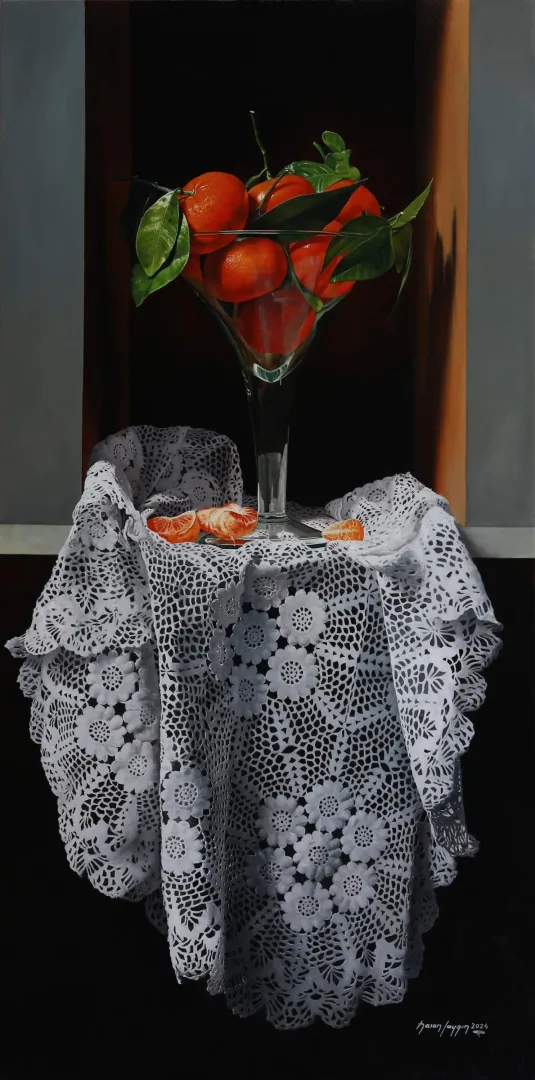 "Dentelle- hst" eseri HASAN SAYGIN tarafından 2024 yılında 120x60 cm ölçülerinde Tuval üzeri yağlı boya tekniği ile yapılmıştır.