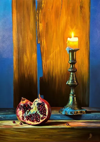 "Mum" eseri HÜSEYİN FEYZULLAH tarafından 2024 yılında 85x62 cm ölçülerinde Tuval üzeri yağlı boya tekniği ile yapılmıştır.