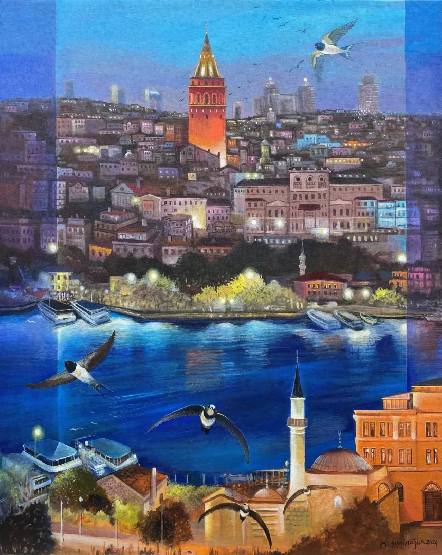 yakınlaştır "Balat'tan Galata Kulesi'ne" eseri KADİR ŞİŞGİNOĞLU tarafından 2024 yılında 100x80 cm ölçülerinde Tuval üzeri akrilik boya tekniği ile yapılmıştır.