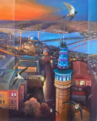 "Beyazıt Kulesi'nden Haliç'e" eseri KADİR ŞİŞGİNOĞLU tarafından 2024 yılında 100x80 cm ölçülerinde Tuval üzeri akrilik boya tekniği ile yapılmıştır.