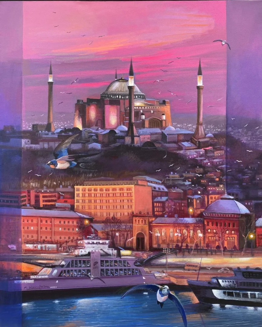 yakınlaştır "Sirkeci'den Ayasofya'ya Doğru" eseri KADİR ŞİŞGİNOĞLU tarafından 2024 yılında 100x80 cm ölçülerinde Tuval üzeri akrilik boya tekniği ile yapılmıştır.