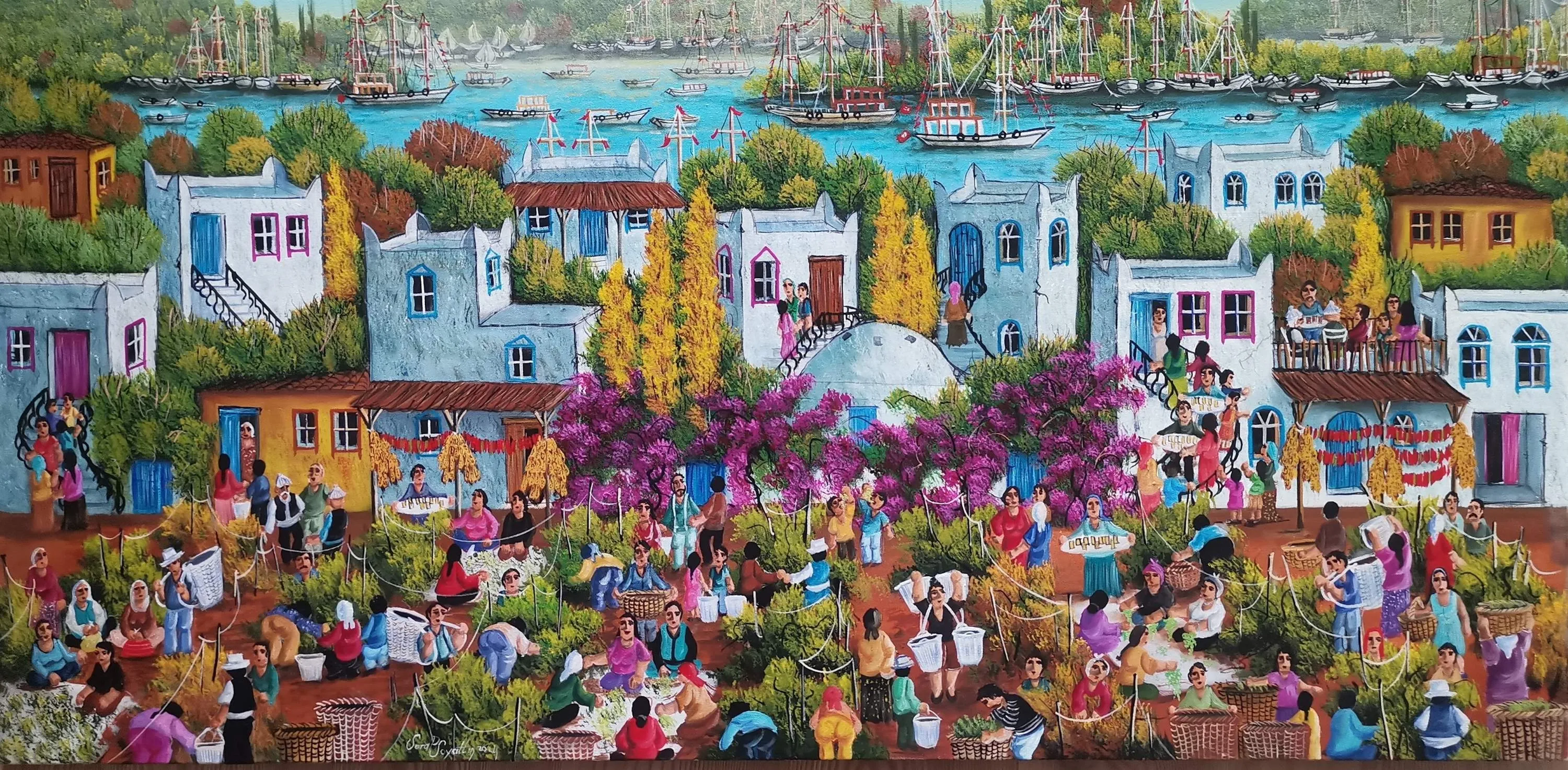 "Bağ Bozumu" eseri SERAP SOYALTIN tarafından 2024 yılında 65x130 cm ölçülerinde Tuval üzeri yağlı boya tekniği ile yapılmıştır.