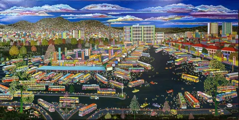 BAYRAM GÜMÜŞ — “1985 Ankara Otobüs Terminali”, 2016 "1985 Ankara Otobüs Terminali" eseri BAYRAM GÜMÜŞ tarafından 2016 yılında 180x360 cm ölçülerinde Tuval üzeri yağlı boya tekniği ile yapılmıştır.