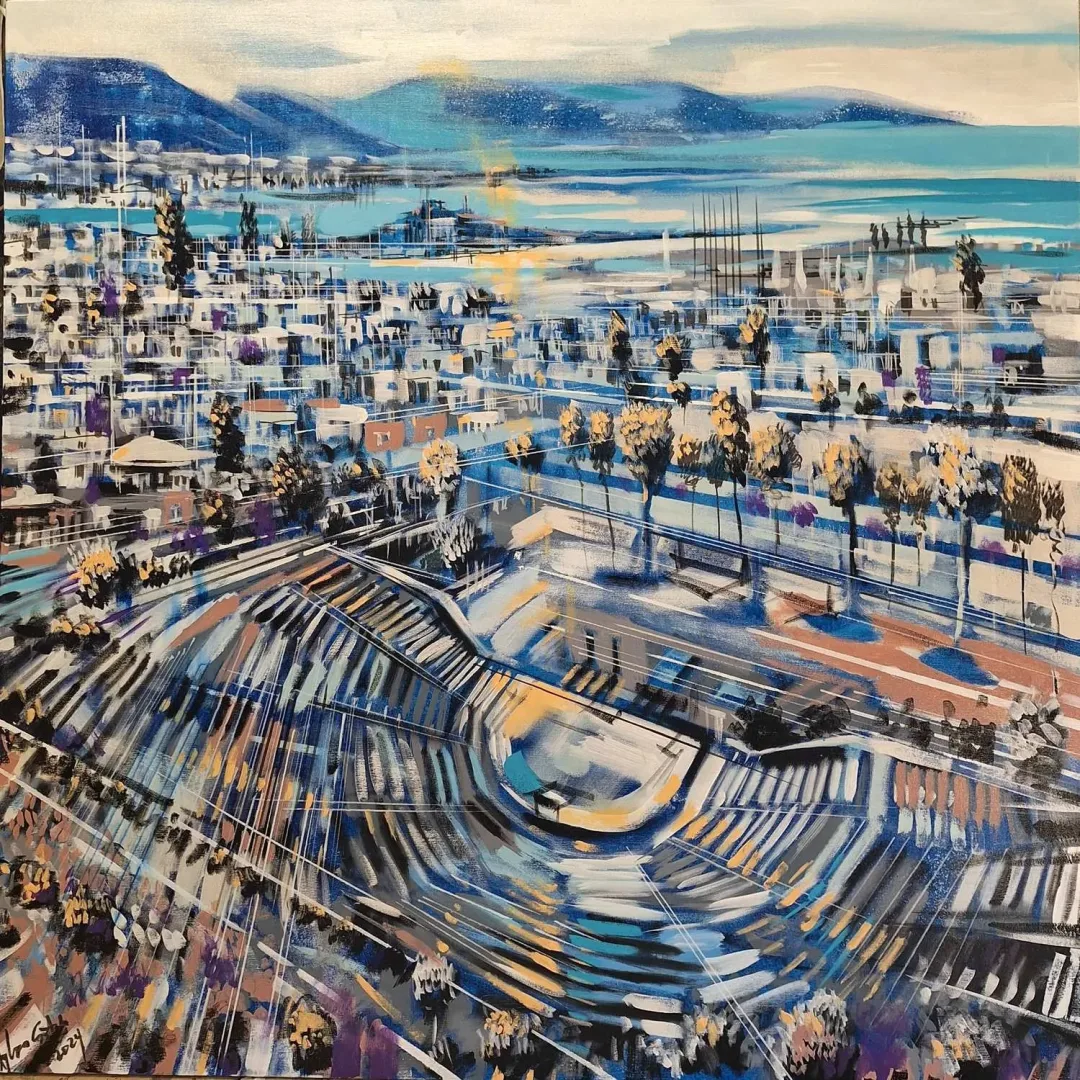 yakınlaştır "Bodrum Antik Tiyatro" eseri AYHAN ÇETİN tarafından 2024 yılında 100x100 cm ölçülerinde Tuval üzeri akrilik boya tekniği ile yapılmıştır.