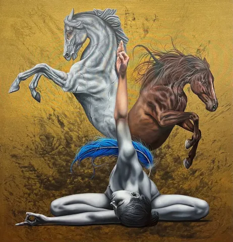 "White Freedom" eseri BEHZAT FEYZULLAH tarafından 2024 yılında 150x150 cm ölçülerinde Tuval üzeri yağlı boya tekniği ile yapılmıştır.
