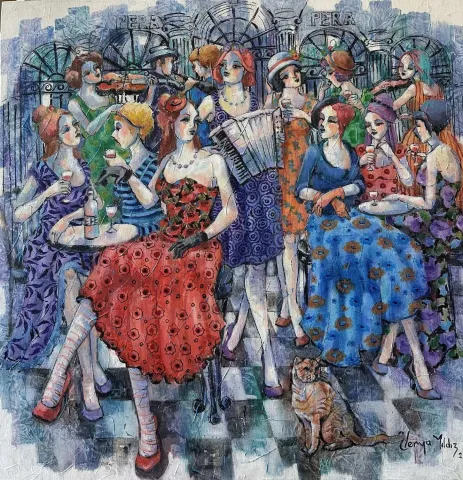 "Pera meyhane-1" eseri DERYA YILDIZ tarafından 2024 yılında 60x60 cm ölçülerinde Tuval üzeri yağlı boya tekniği ile yapılmıştır.