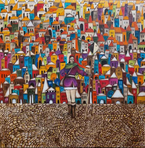 "Kuzeyde Güneş'e selam" eseri BİNNUR YÜCEBAŞ RUOCCO tarafından 2023 yılında 60x60 cm ölçülerinde Tuval üzeri yağlı boya tekniği ile yapılmıştır.