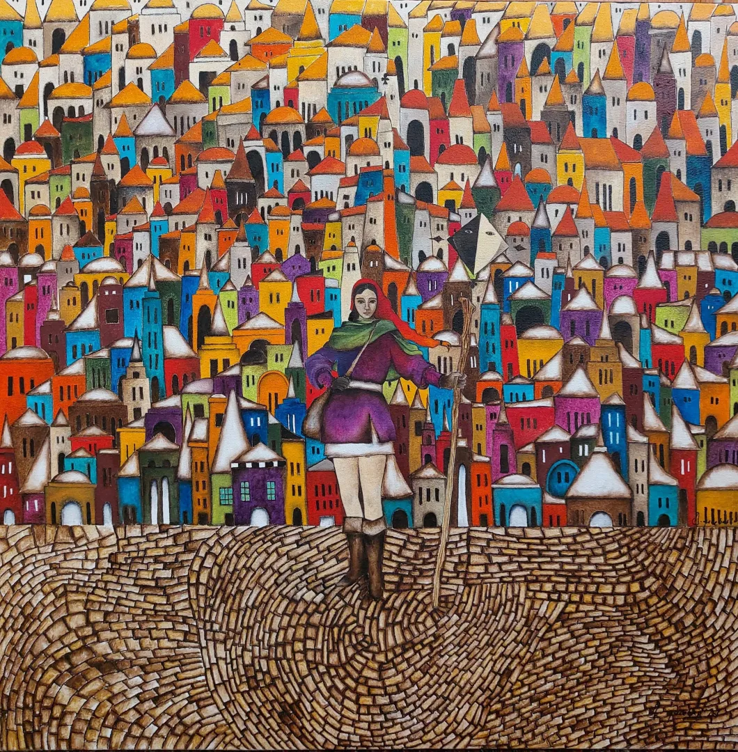 "Kuzeyde Güneş'e selam" eseri BİNNUR YÜCEBAŞ RUOCCO tarafından 2023 yılında 60x60 cm ölçülerinde Tuval üzeri yağlı boya tekniği ile yapılmıştır.