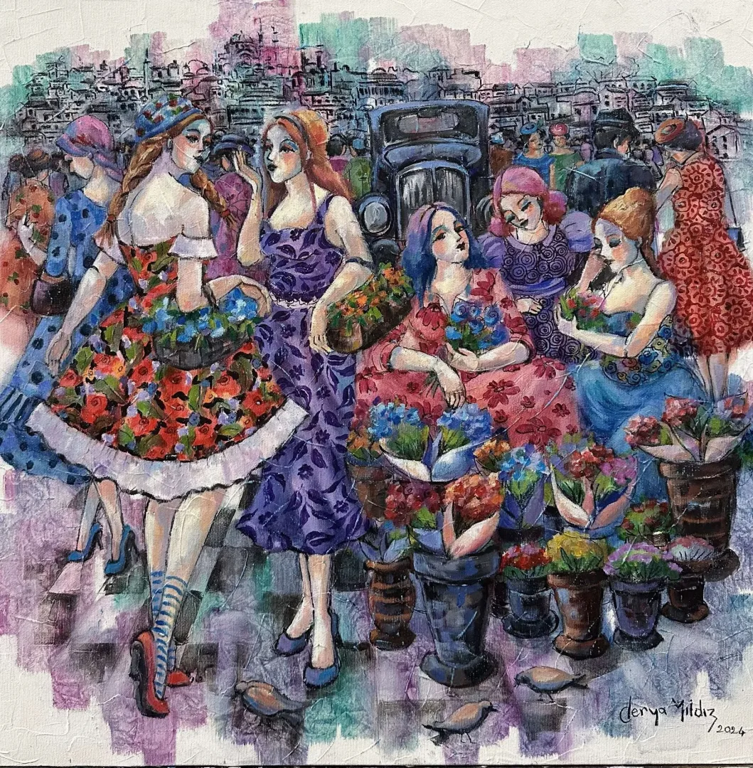 yakınlaştır "Çiçekçi Kadınlar" eseri DERYA YILDIZ tarafından 2024 yılında 60x60 cm ölçülerinde Tuval üzeri yağlı boya tekniği ile yapılmıştır.