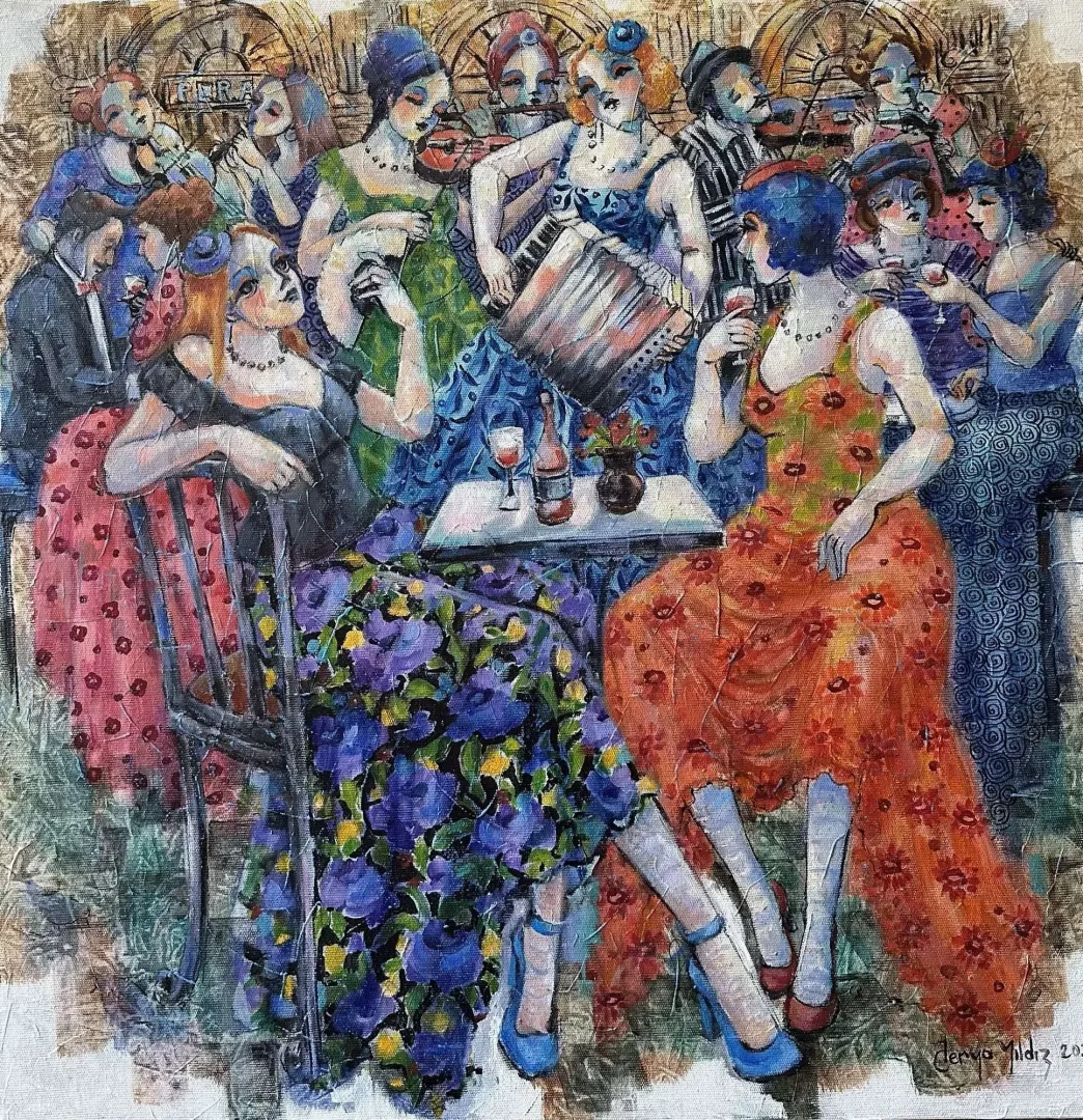 DERYA YILDIZ — “Pera Meyhane”, 2024 "Pera Meyhane" eseri DERYA YILDIZ tarafından 2024 yılında 60x60 cm ölçülerinde Tuval üzeri yağlı boya tekniği ile yapılmıştır.