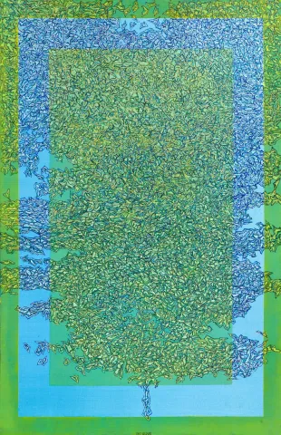 "Soyutlama Mavi" eseri DEVRİM ERBİL tarafından 2012 yılında 140x90 cm ölçülerinde Tuval üzeri karışık teknik tekniği ile yapılmıştır.
