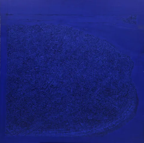 "İstanbul Derin Mavi" eseri DEVRİM ERBİL tarafından 2013 yılında 140x140 cm ölçülerinde Tuval üzeri yağlı boya tekniği ile yapılmıştır.