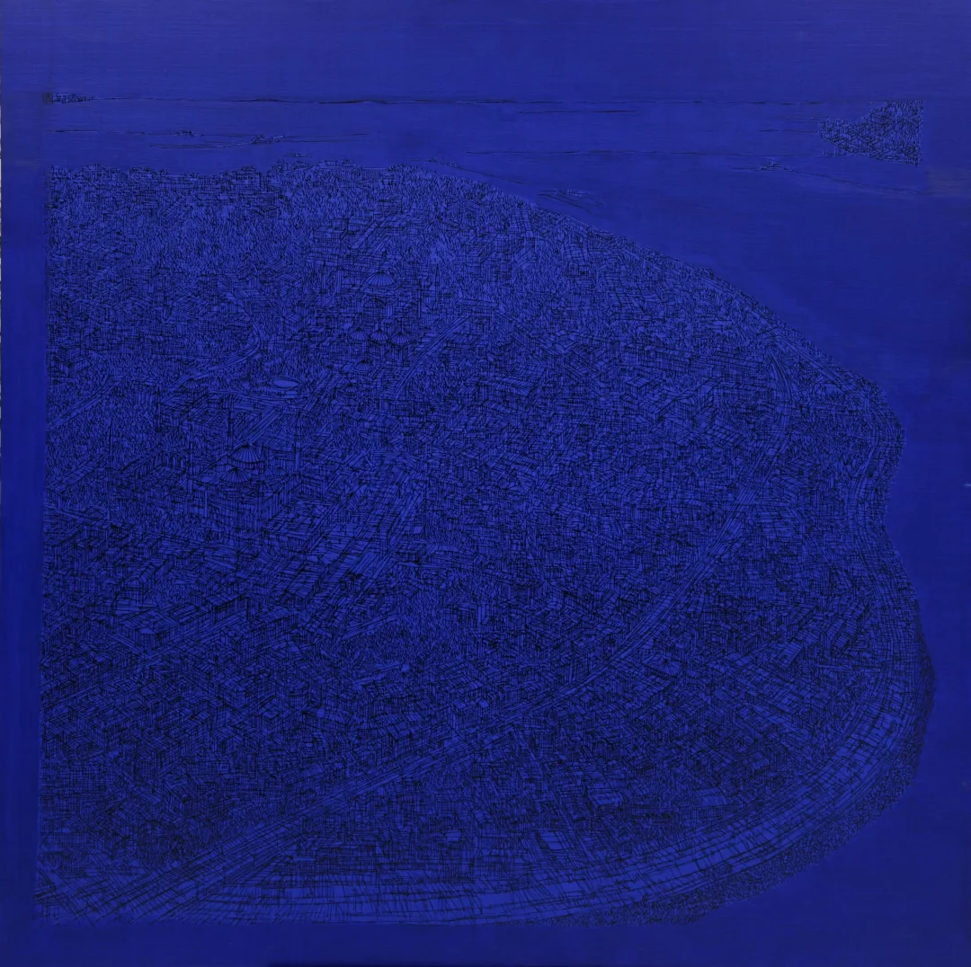 yakınlaştır "İstanbul Derin Mavi" eseri DEVRİM ERBİL tarafından 2013 yılında 140x140 cm ölçülerinde Tuval üzeri yağlı boya tekniği ile yapılmıştır.
