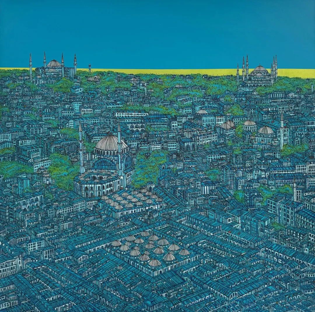 yakınlaştır "İstanbul Turkuaz" eseri DEVRİM ERBİL tarafından 2023 yılında 150x150 cm ölçülerinde Tuval üzeri yağlı boya tekniği ile yapılmıştır.